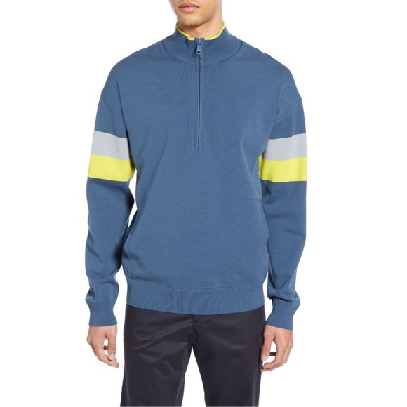 VINCE Mens Colorblock Quarter Zip Sweater In Bering Seal 500$ SIZE M - Picture 1 of 6